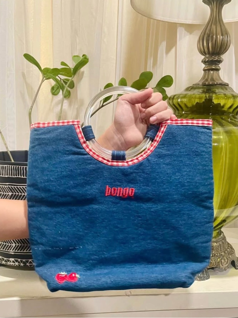 BONGO Blue Denim Tote with Clear Handles and Red Trim